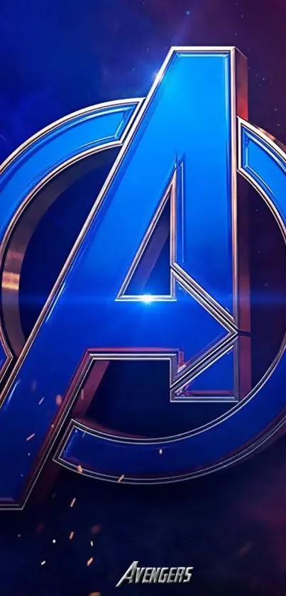 Bold Avengers logo wallpaper with vibrant blue and cinematic design elements.