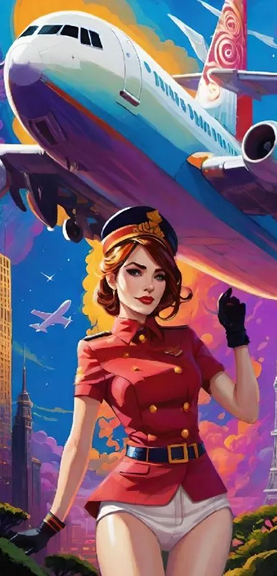 Colorful cartoon aviation wallpaper with a plane overhead.
