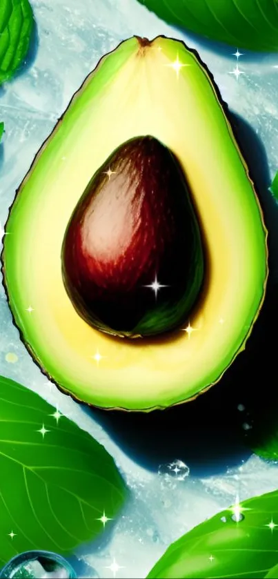 Vibrant avocado and green leaves wallpaper with water droplets.