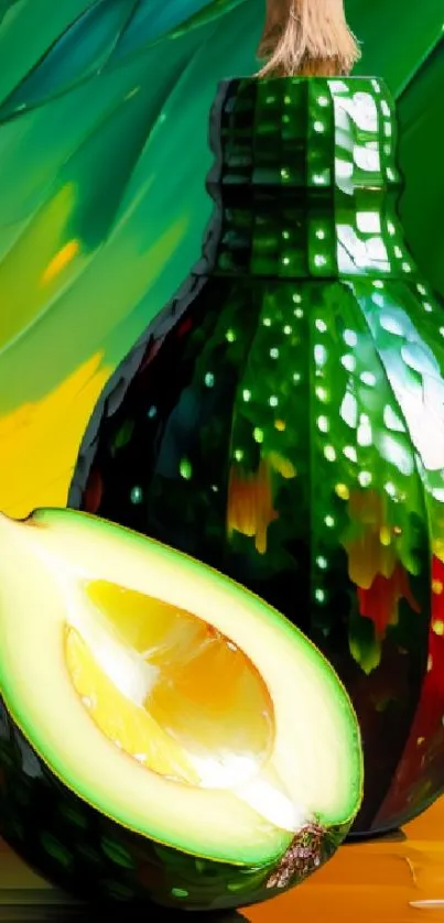 Vibrant avocado and bottle art on a colorful mobile wallpaper.
