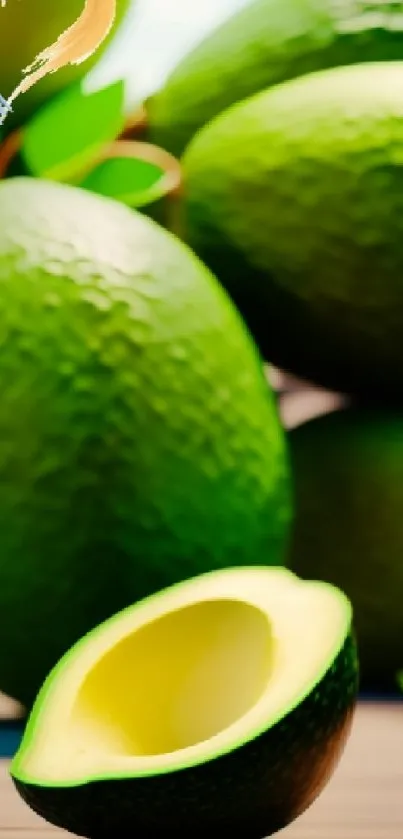 Vibrant avocado art wallpaper with heart design.