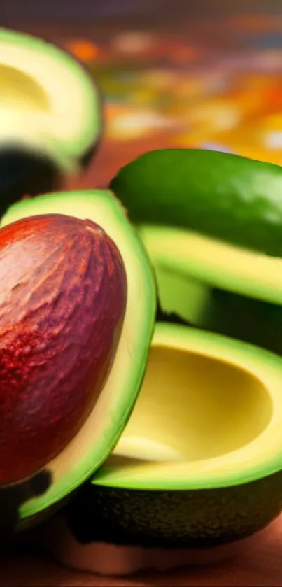 Artistic wallpaper featuring vibrant green avocados with textured details.