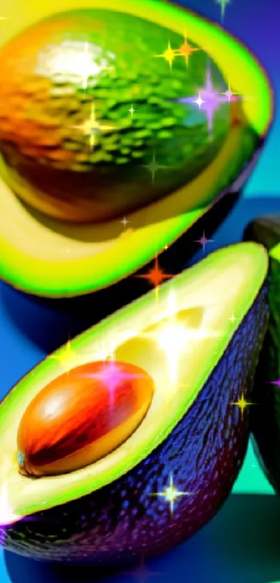 Vibrant avocado wallpaper with colorful slices on a blue background.