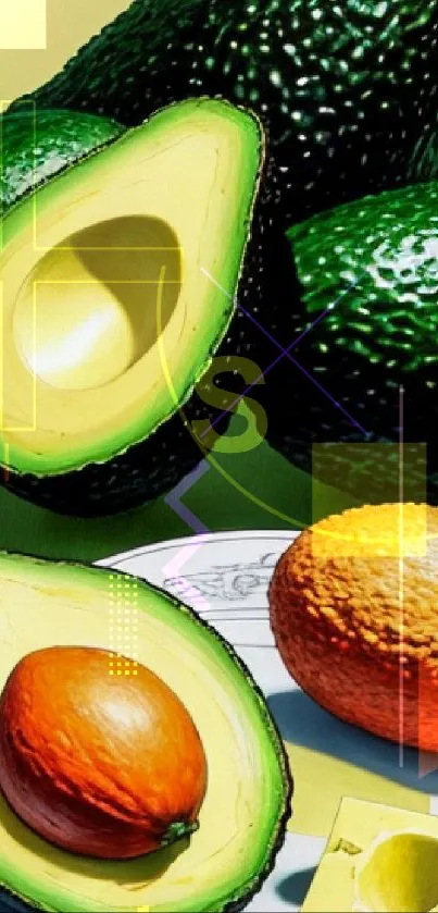 Colorful avocado art with vibrant green hues and intricate fruit details.