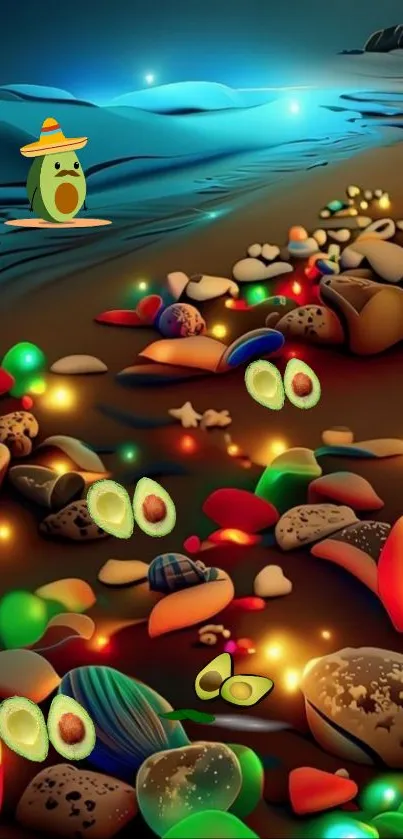 Vibrant beach scene with avocado art and colorful stones.