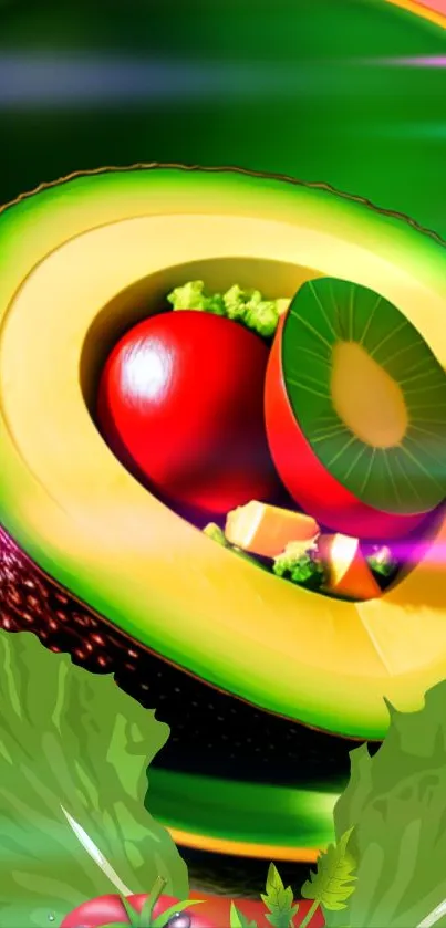 Colorful avocado with fruits and leafy greens wallpaper.