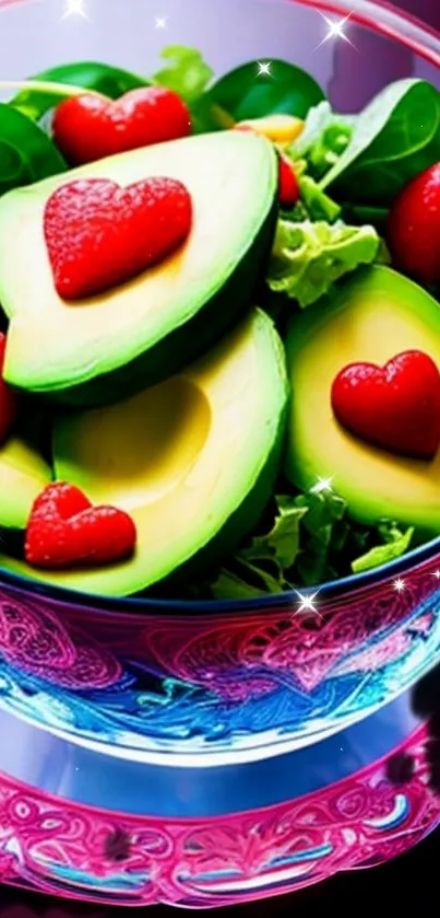 Colorful avocado with heart shapes in a vibrant bowl design.