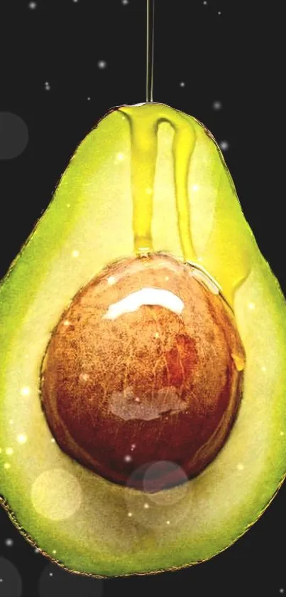 Artistic avocado with cosmic background and glowing lights.