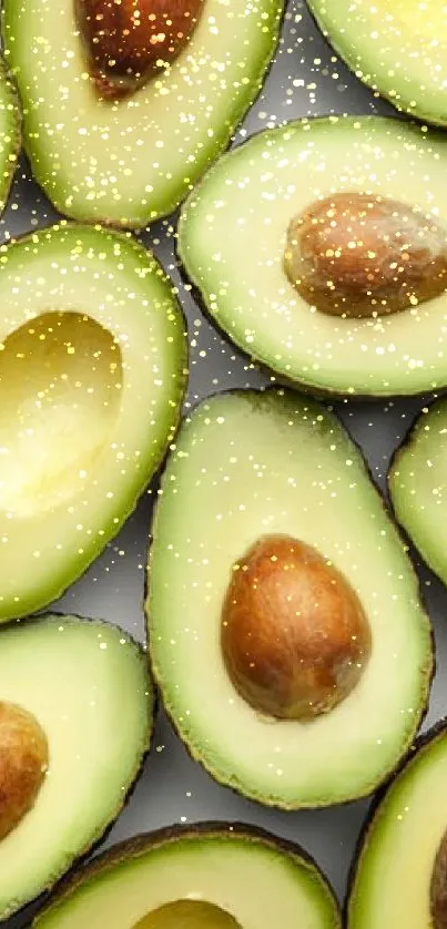 Vibrant avocado slices forming a seamless pattern on a wallpaper background.