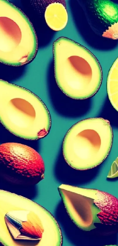 Vibrant avocado and colorful pencil pattern on a teal wallpaper background.