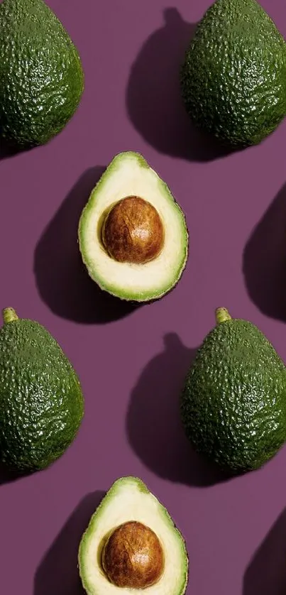 Patterned mobile wallpaper with avocados on a purple background.