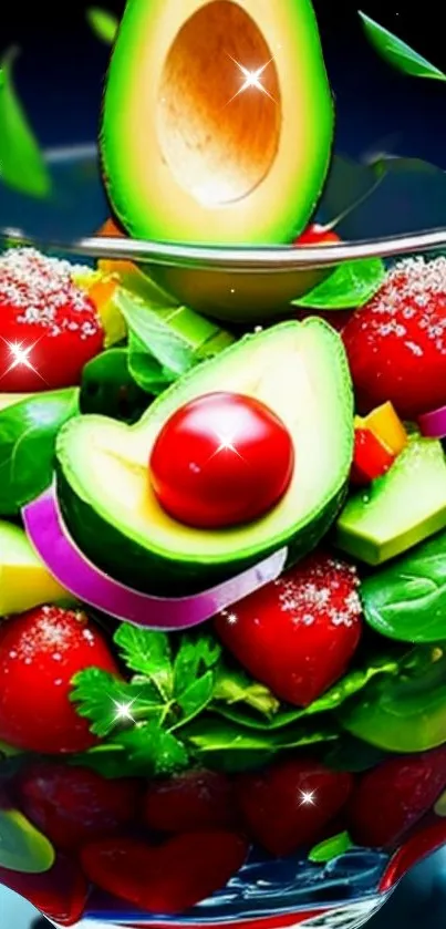 A colorful avocado salad in an artful digital wallpaper.