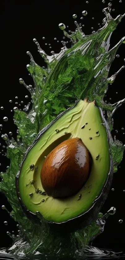 Vibrant green avocado splash on black background.
