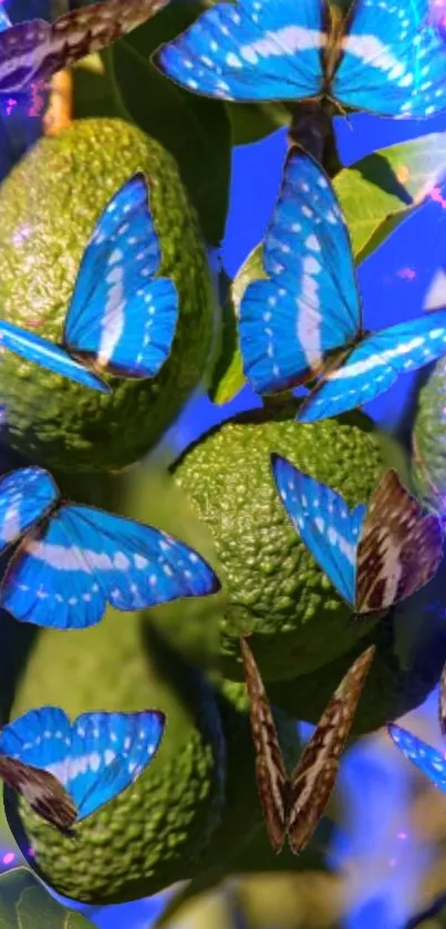 Lush green avocados on a tree with a bright blue sky in the background.