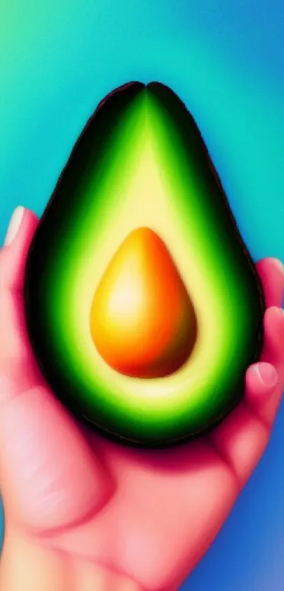 Hand holding vibrant avocado against turquoise background.