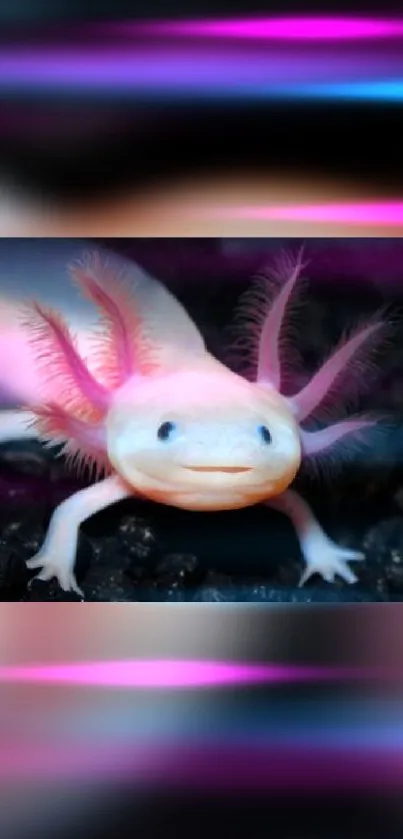 Colorful neon axolotl mobile wallpaper with vibrant pink and blue hues.