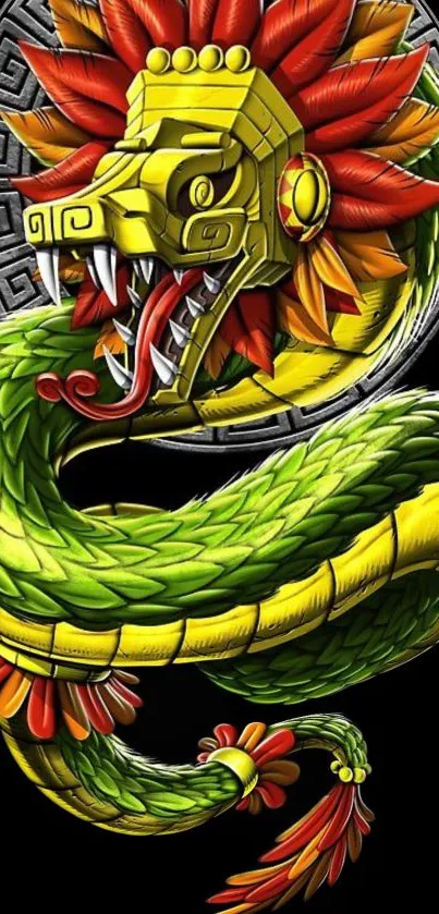 Colorful Aztec-inspired serpent artwork with vibrant details.