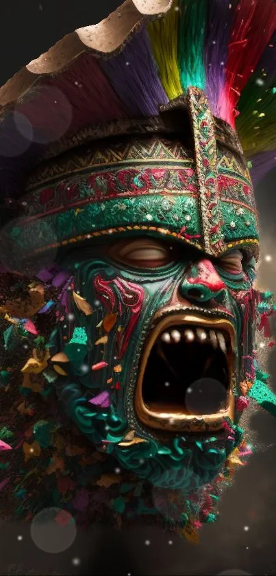 Vibrant Aztec warrior mask in colorful digital art design.