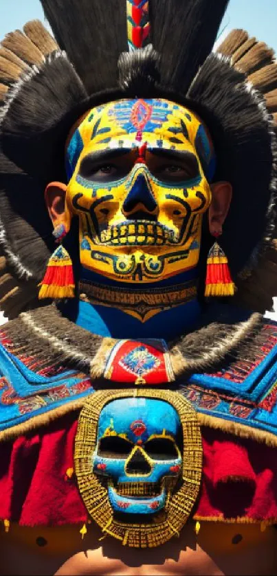 Aztec warrior with colorful face paint and traditional attire.