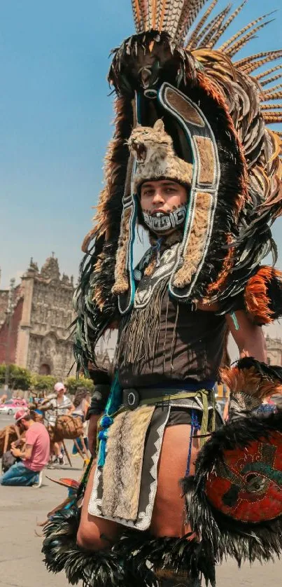 Aztec warrior in traditional costume with feather headdress in plaza.