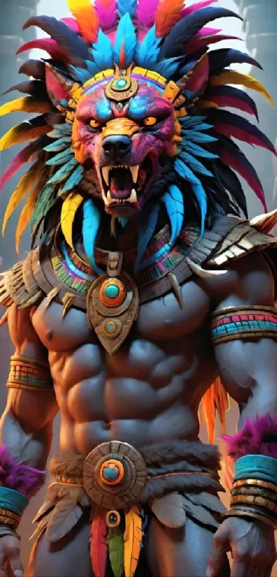 Aztec warrior with vibrant feathers and tribal attire in mystical setting.