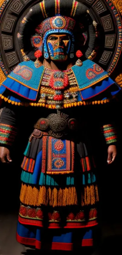 Colorful Aztec warrior in traditional attire.