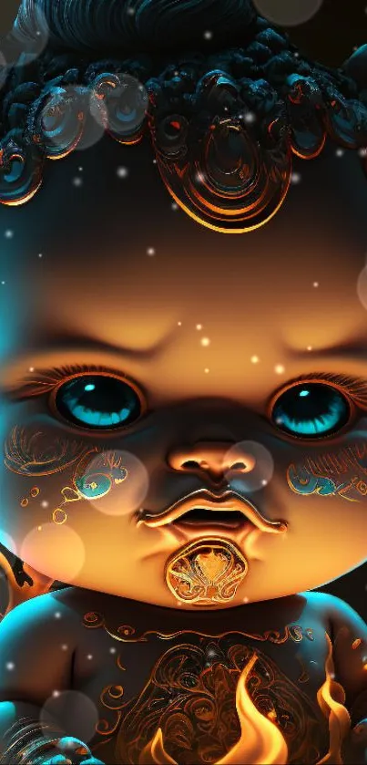 Mystical baby with blue eyes, surrounded by amber and blue glow, intricate design.