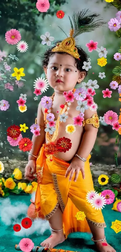 Mobile wallpaper of a baby in a yellow floral fantasy.