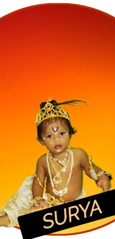 Baby Krishna with orange background wallpaper.