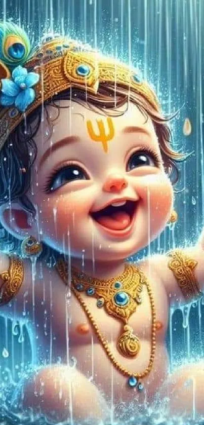 Joyful Baby Krishna in vibrant rain scene, adorned with gold jewelry.