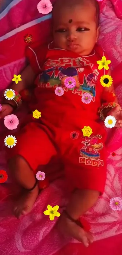 Baby in red with colorful flowers on a vibrant background.