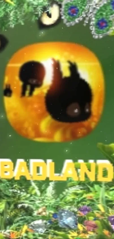 Badland game icon on green wallpaper with vibrant foliage.