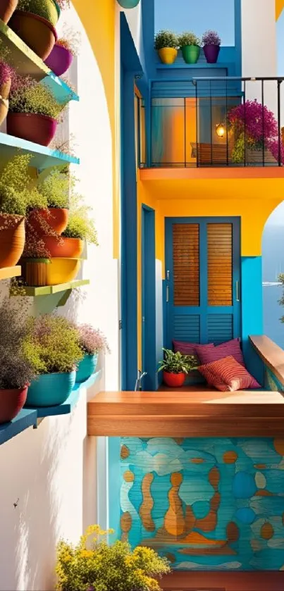 Blue and yellow balcony with colorful potted plants and ocean view.