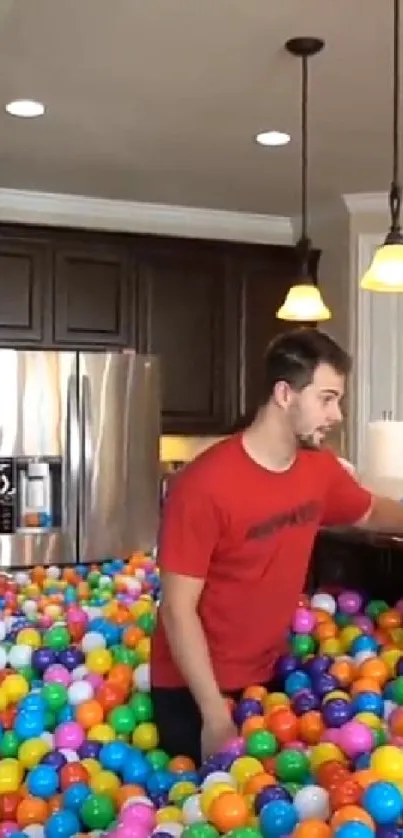 Man in colorful ball pit inside living room with kitchen view.