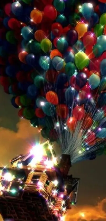 Bright balloons lifting a house into a vibrant sky.