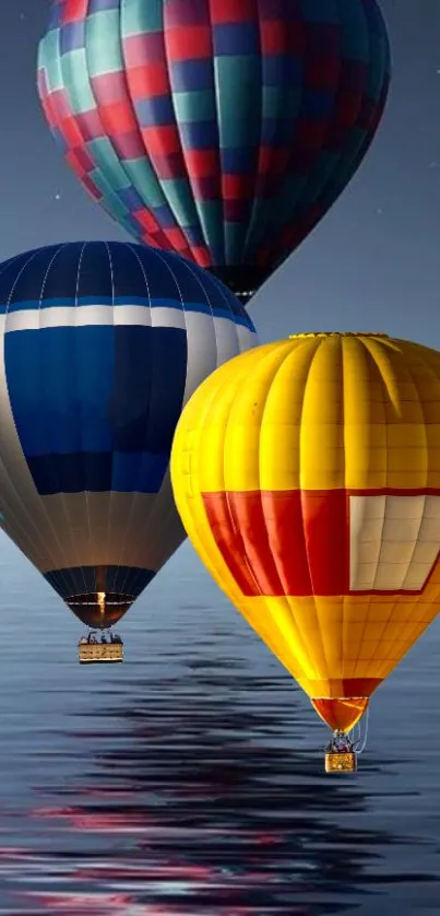 Colorful hot air balloons reflecting over a calm night sky, creating a tranquil scene.