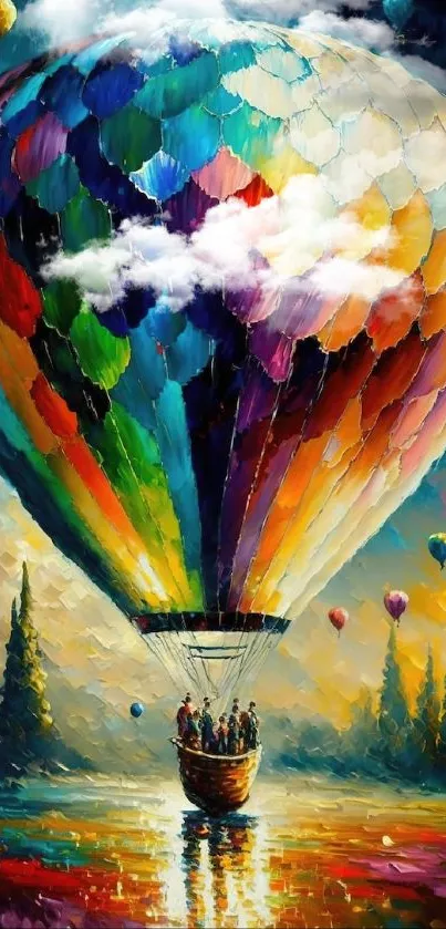 Vibrant multicolor hot air balloon painting with abstract design.