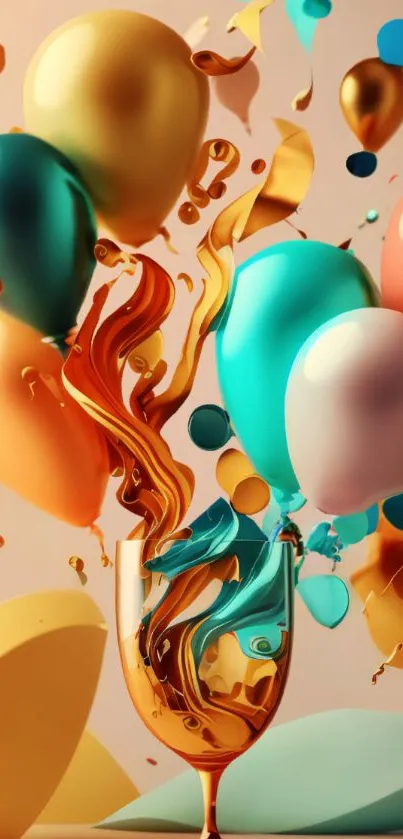 A vibrant wallpaper featuring colorful balloons and dynamic shapes in gold tones.