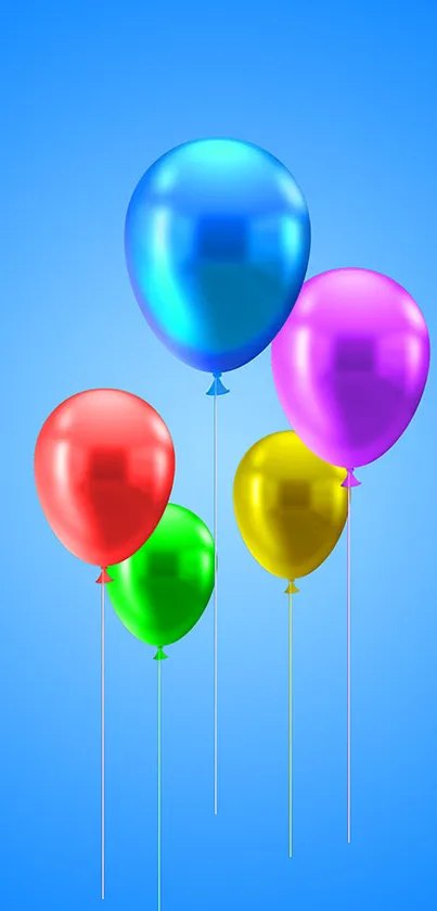 Colorful balloons floating on blue background.