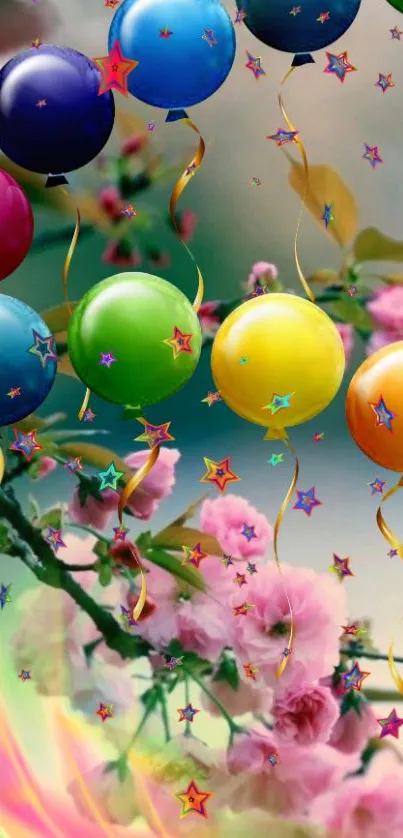 Colorful balloons with pink blossoms background.