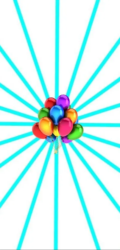 Colorful balloons with radiating blue lines on a white background.