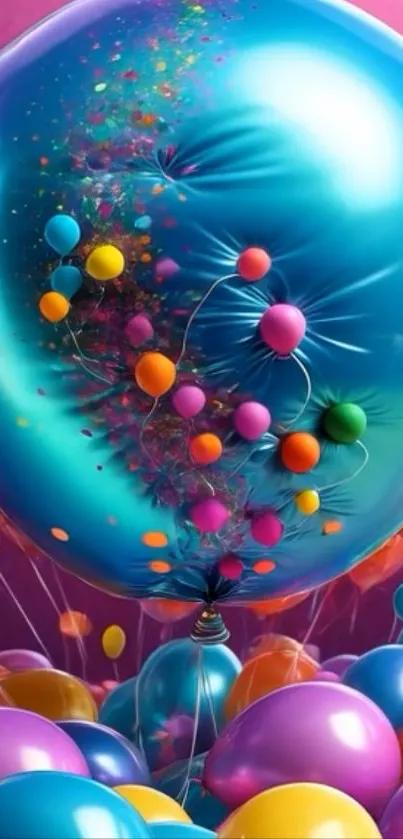 Vibrant blue balloon surrounded by colorful smaller balloons.