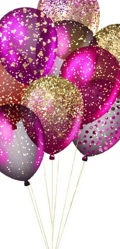 Vibrant balloons with glitter decorations in magenta and gold tones.