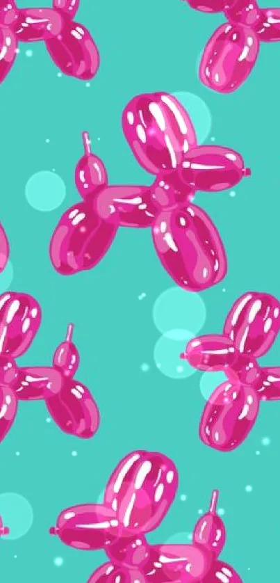 Glossy pink balloon dogs on teal background wallpaper.