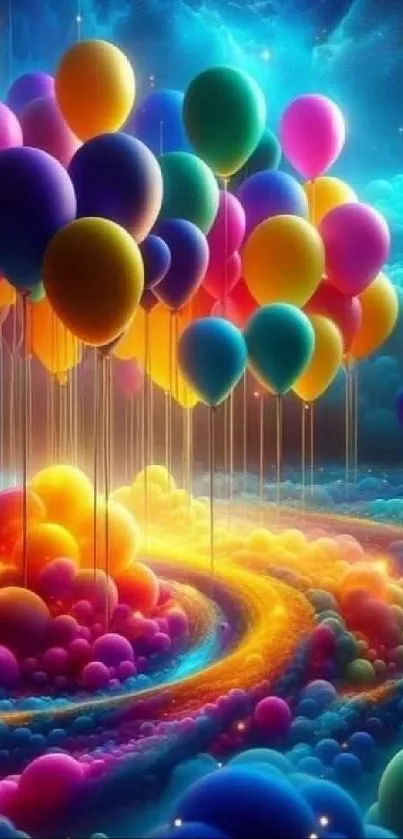 Vibrant scene of colorful balloons floating amidst clouds.