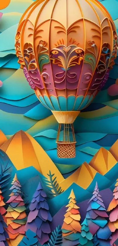 Vibrant hot air balloon over colorful landscape with whimsical trees.