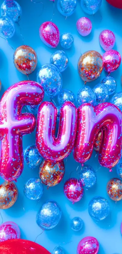 Colorful balloons spelling 'fun' on blue background.