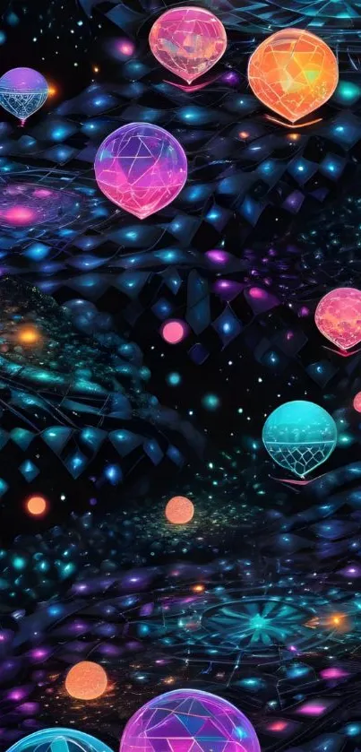 Colorful floating balloons in a cosmic space design.