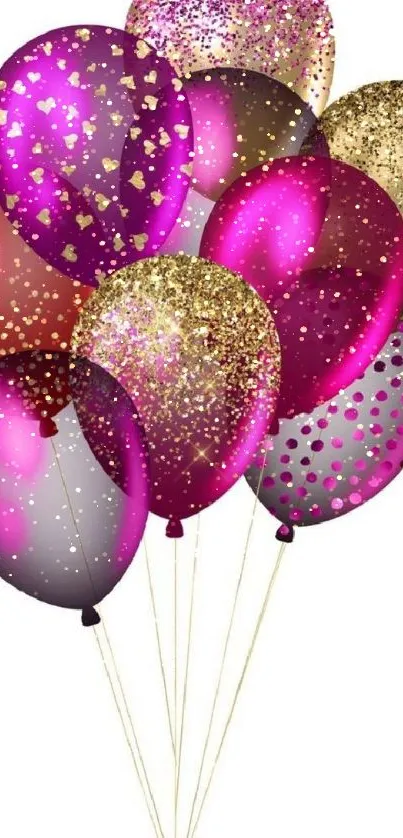 Colorful glittery balloons in shades of pink and gold with festive designs.