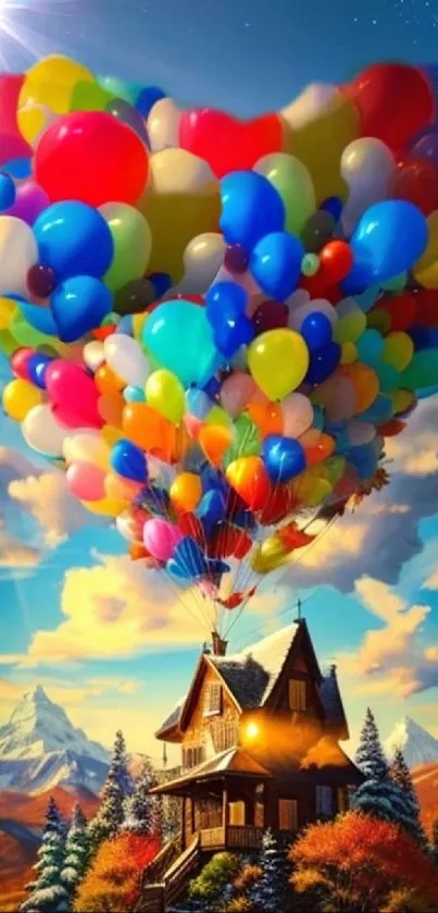 Whimsical house lifted by vibrant balloons against a blue sky.